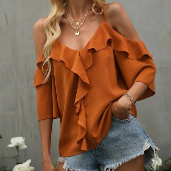 Boho burnt orange Ruffle Detail Cold Shoulder Blouse - Picture 3 of 7
